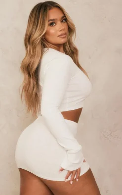 Hot PrettyLittleThing Shape Soft Rib Long Sleeve Top White
