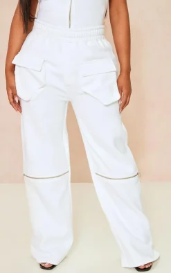 Online PrettyLittleThing Shape Sweat Utility Zip Front Wide Leg Sweatpants White