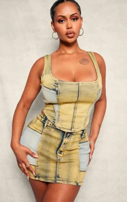 Hot PrettyLittleThing Shape Denim Micro Mini Skirt Yellow