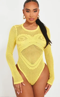 Sale PrettyLittleThing Shape Knit Body Print Bodysuit Yellow