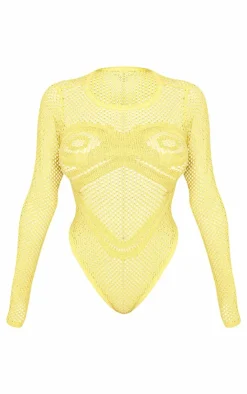 Sale PrettyLittleThing Shape Knit Body Print Bodysuit Yellow