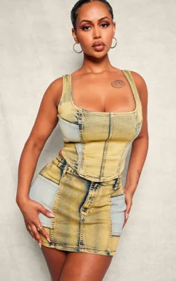 PrettyLittleThing Shape Washed Denim Corset Yellow