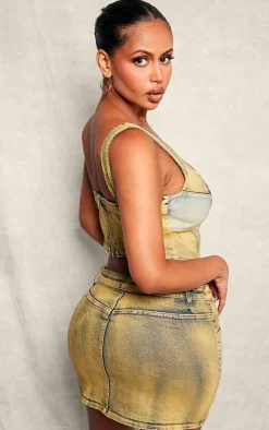 PrettyLittleThing Shape Washed Denim Corset Yellow