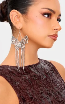 PrettyLittleThing Statement Earrings*Butterfly Diamante Drop Tassel Statement Earrings