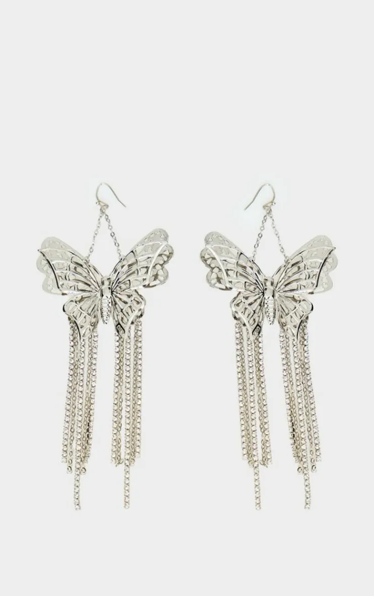 PrettyLittleThing Statement Earrings*Butterfly Diamante Drop Tassel Statement Earrings