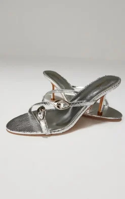 PrettyLittleThing Mules*Croc PU Round Toe Buckle Cross Strap Detail Mid Stiletto Heeled Mules
