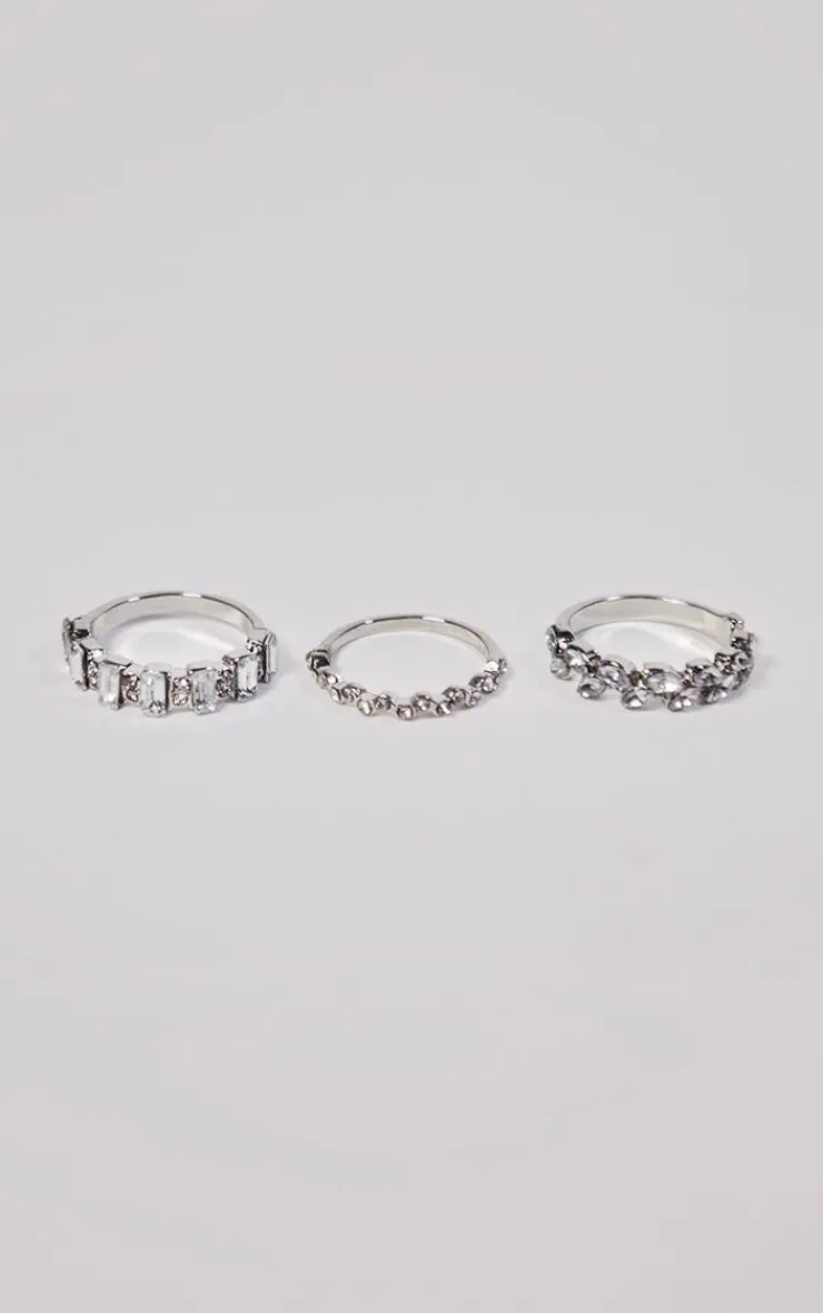 PrettyLittleThing Rings*Diamante Baguette 3 Pack Ring Set