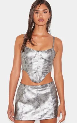 Discount PrettyLittleThing Dipped Hem Coated Denim Corset Silver