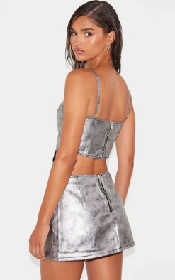Discount PrettyLittleThing Dipped Hem Coated Denim Corset Silver