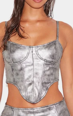 Discount PrettyLittleThing Dipped Hem Coated Denim Corset Silver