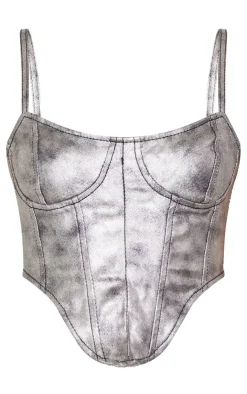 Discount PrettyLittleThing Dipped Hem Coated Denim Corset Silver