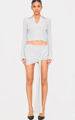 Clearance PrettyLittleThing Glitter Drape Front Mini Skirt Silver
