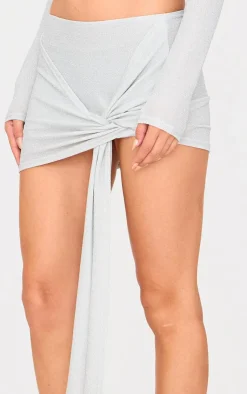Clearance PrettyLittleThing Glitter Drape Front Mini Skirt Silver