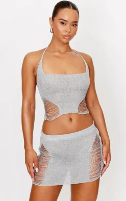 Best PrettyLittleThing Glitter Knit Distressed Ladder Halterneck Top Silver