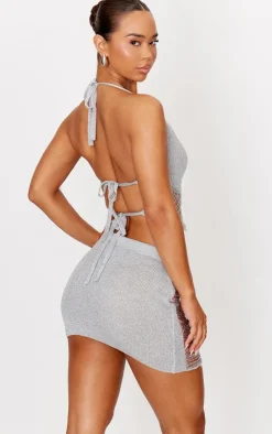 Best PrettyLittleThing Glitter Knit Distressed Ladder Halterneck Top Silver
