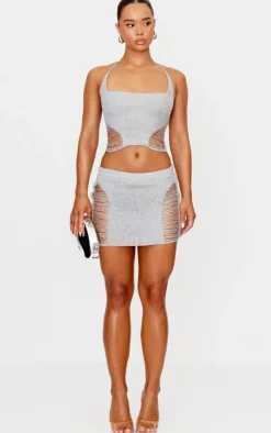 Best PrettyLittleThing Glitter Knit Distressed Ladder Halterneck Top Silver