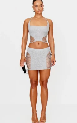 Hot PrettyLittleThing Glitter Knit Distressed Ladder Mini Skirt Silver