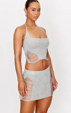 Hot PrettyLittleThing Glitter Knit Distressed Ladder Mini Skirt Silver