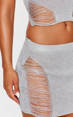 Hot PrettyLittleThing Glitter Knit Distressed Ladder Mini Skirt Silver