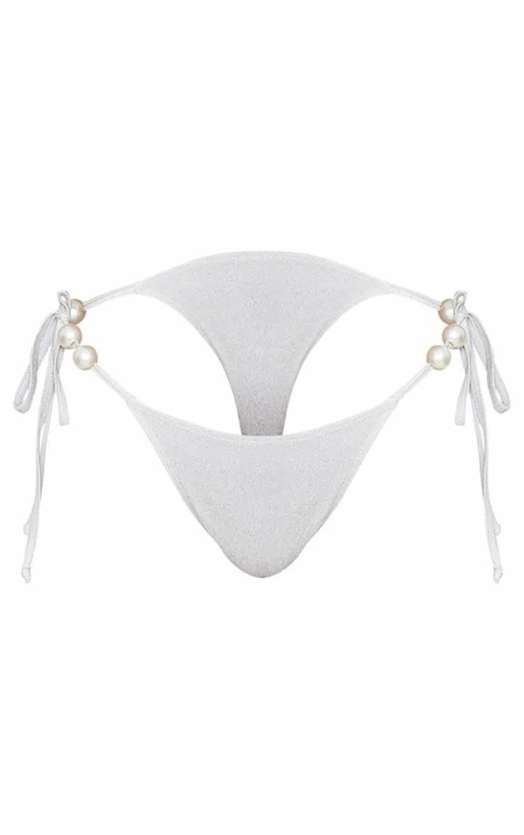 Glitter Pearl Trim Tie Side Bikini Bottoms-PrettyLittleThing
