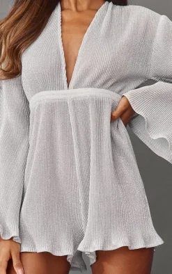 Silver Glitter Plisse Flare Sleeve Plunge Romper