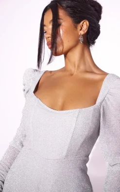 Silver Glitter Plisse Ruched Long Sleeve Romper