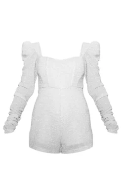 Silver Glitter Plisse Ruched Long Sleeve Romper