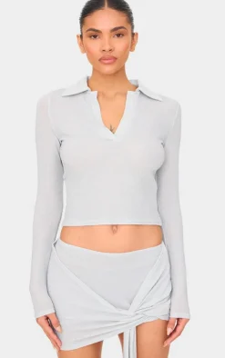 Best PrettyLittleThing Glitter Plunge Long Sleeve Top Silver