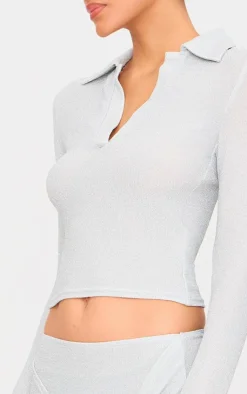 Best PrettyLittleThing Glitter Plunge Long Sleeve Top Silver