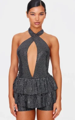 Glitter Sequin Halterneck Rara Skort Romper-PrettyLittleThing Online