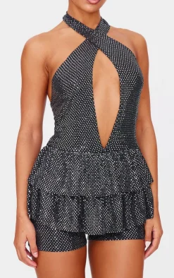 Glitter Sequin Halterneck Rara Skort Romper-PrettyLittleThing Online