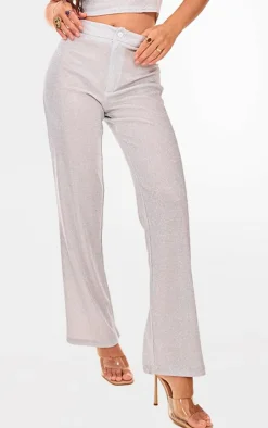 Best PrettyLittleThing Glitter Woven Wide Leg Pants Silver