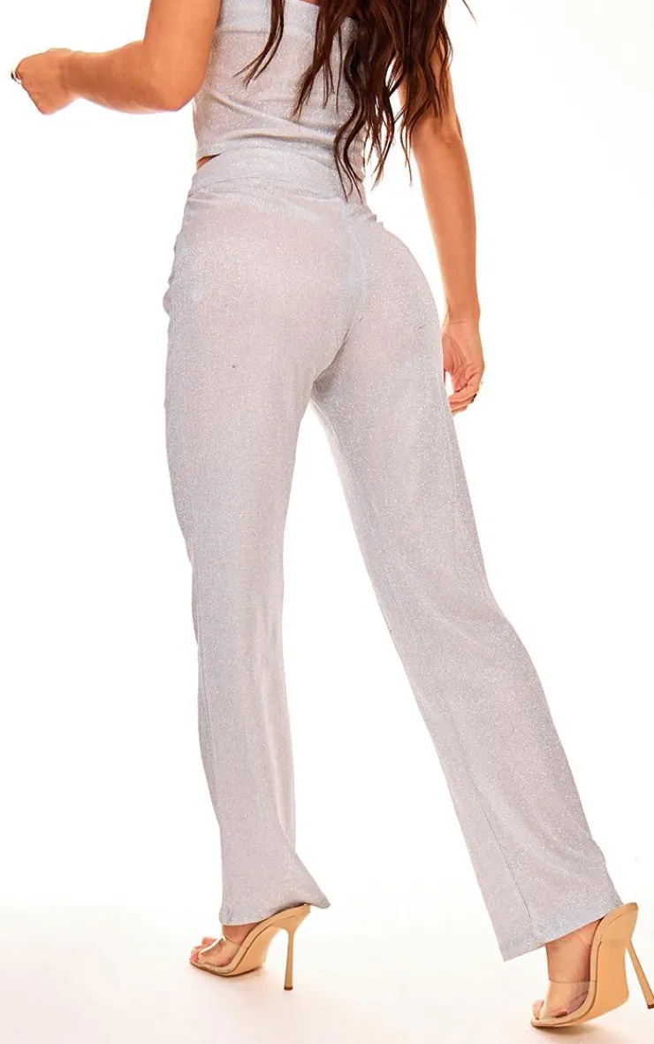 Best PrettyLittleThing Glitter Woven Wide Leg Pants Silver