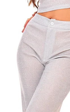 Best PrettyLittleThing Glitter Woven Wide Leg Pants Silver