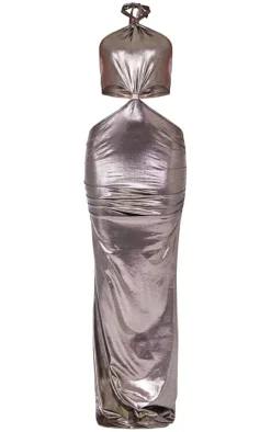 Metallic Slinky Halterneck Cut Out Ruched Maxi Dress-PrettyLittleThing Outlet