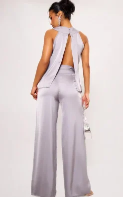 Outlet PrettyLittleThing Satin Open Back Longline Top Silver Grey