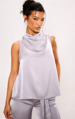 Outlet PrettyLittleThing Satin Open Back Longline Top Silver Grey