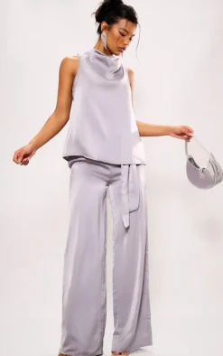 Outlet PrettyLittleThing Satin Open Back Longline Top Silver Grey