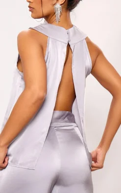 Outlet PrettyLittleThing Satin Open Back Longline Top Silver Grey