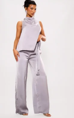 Outlet PrettyLittleThing Satin Tailored Belted Wide Leg Pants Silver Grey