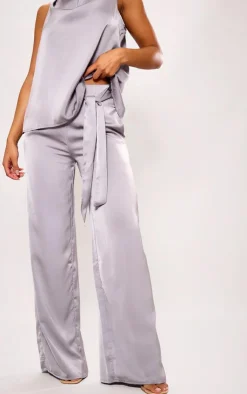 Outlet PrettyLittleThing Satin Tailored Belted Wide Leg Pants Silver Grey