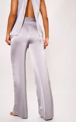 Outlet PrettyLittleThing Satin Tailored Belted Wide Leg Pants Silver Grey