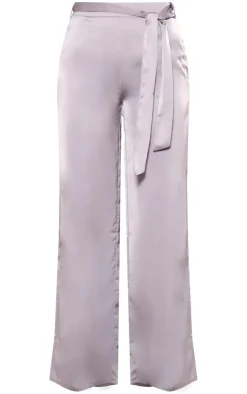 Outlet PrettyLittleThing Satin Tailored Belted Wide Leg Pants Silver Grey