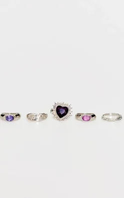 PrettyLittleThing Rings*Heart And Jewel Crinkle Multipack Rings