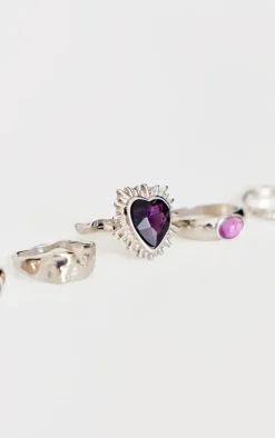 PrettyLittleThing Rings*Heart And Jewel Crinkle Multipack Rings