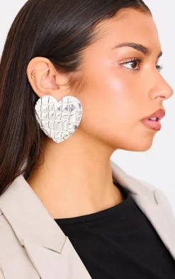 PrettyLittleThing Statement Earrings*Heart Croc Embossed Statement Earrings