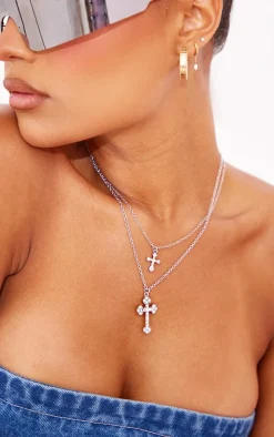 PrettyLittleThing Necklaces*Layered Chain Jeweled Cross Necklace