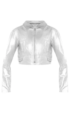 Hot PrettyLittleThing Metallic Coated Contrast Denim Jacket Silver