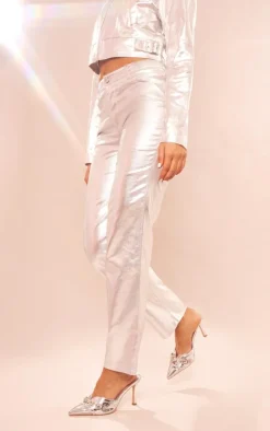 Outlet PrettyLittleThing Metallic Coated Denim Straight Leg Jeans Silver