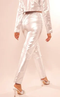 Outlet PrettyLittleThing Metallic Coated Denim Straight Leg Jeans Silver